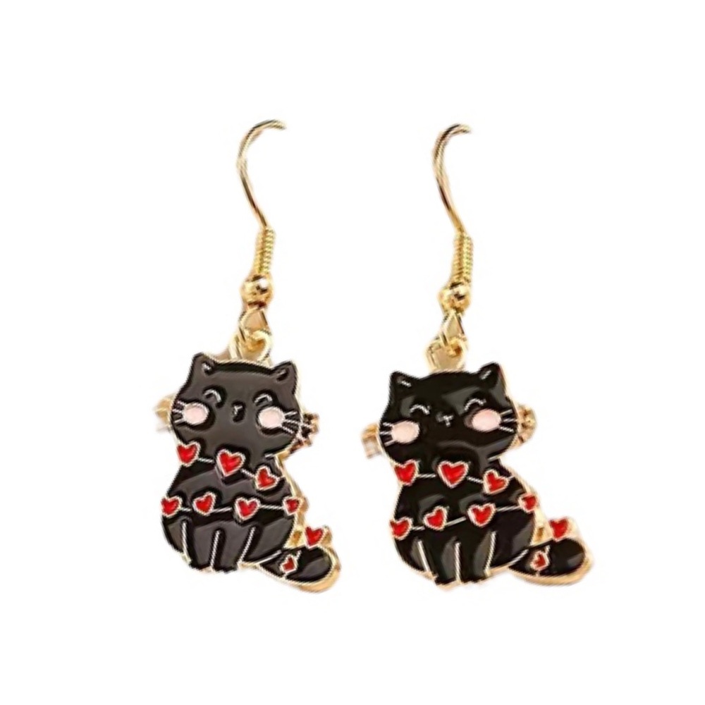 Whimsical Enamel Black Cat Wrapped in Red Hearts Earrings